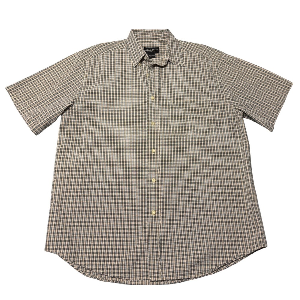 VTG Eddie Bauer Short Sleeve Plaid Button Down Shirt Tan Green Mens M - Stain